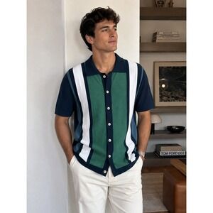 Far Afield Knit Polo Shirt Men XL Stripe Organic Cotton Button Up Sz 4 Retro